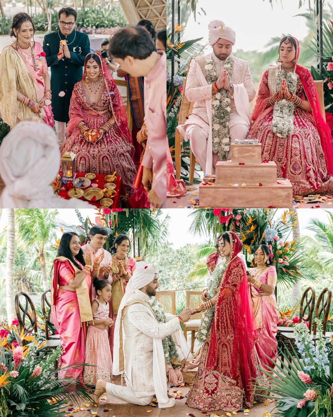 A couple in traditional attire participates in a Hindu wedding ceremony with family and friends, surrounded by flowers and greenery.