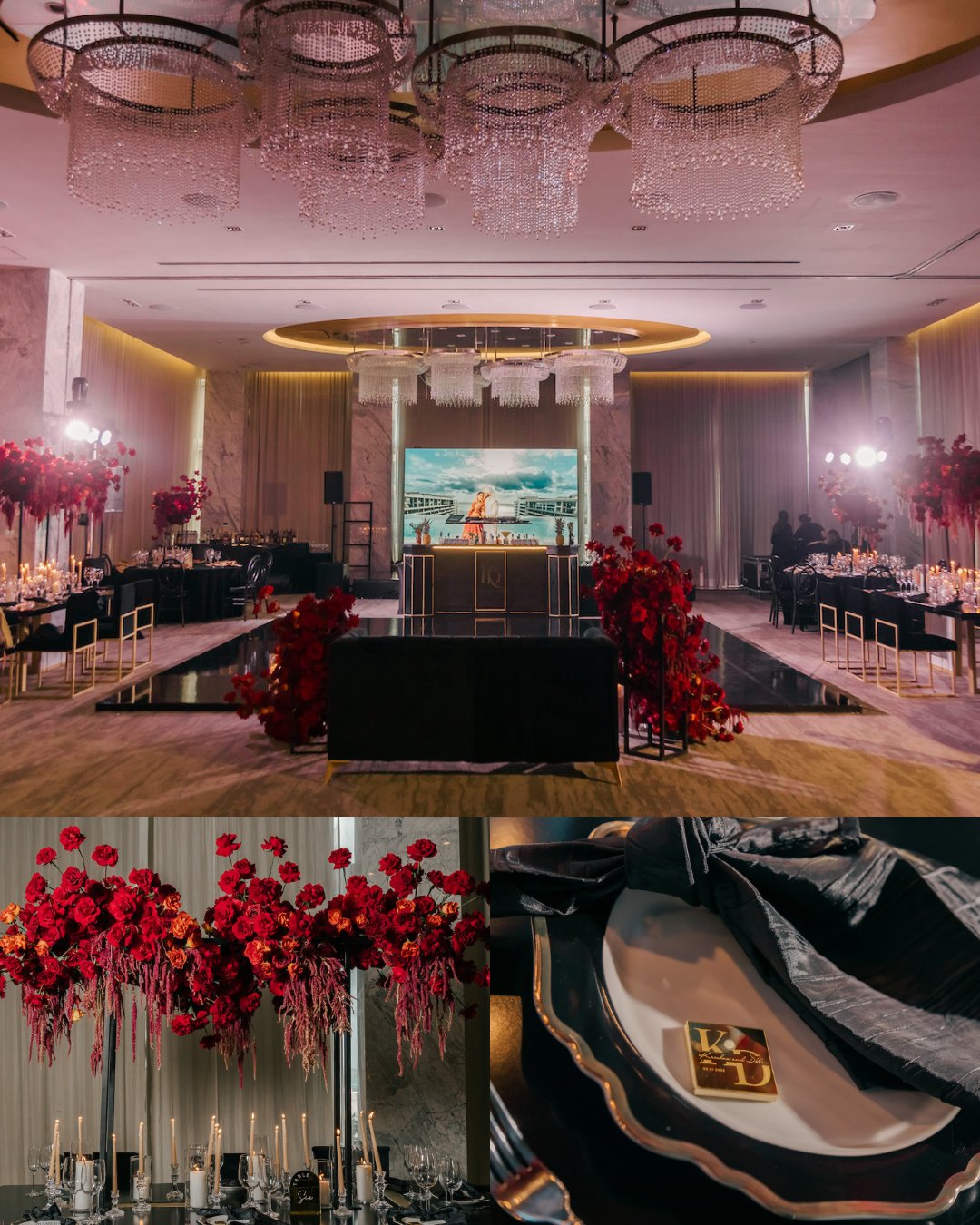 A decorated event hall with elegant chandeliers, red floral centerpieces, black table settings, and a stage; close-ups show red flower arrangements and a black plate with a small photo card.