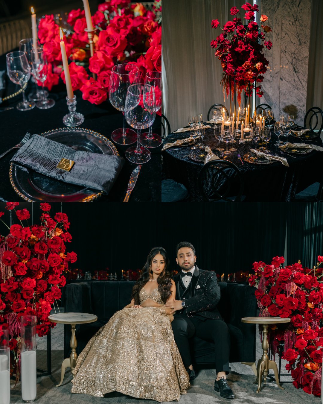 A couple in formal attire sits among red rose arrangements; above are close-ups of elegant table settings with candles, glassware, and black-and-gold details.