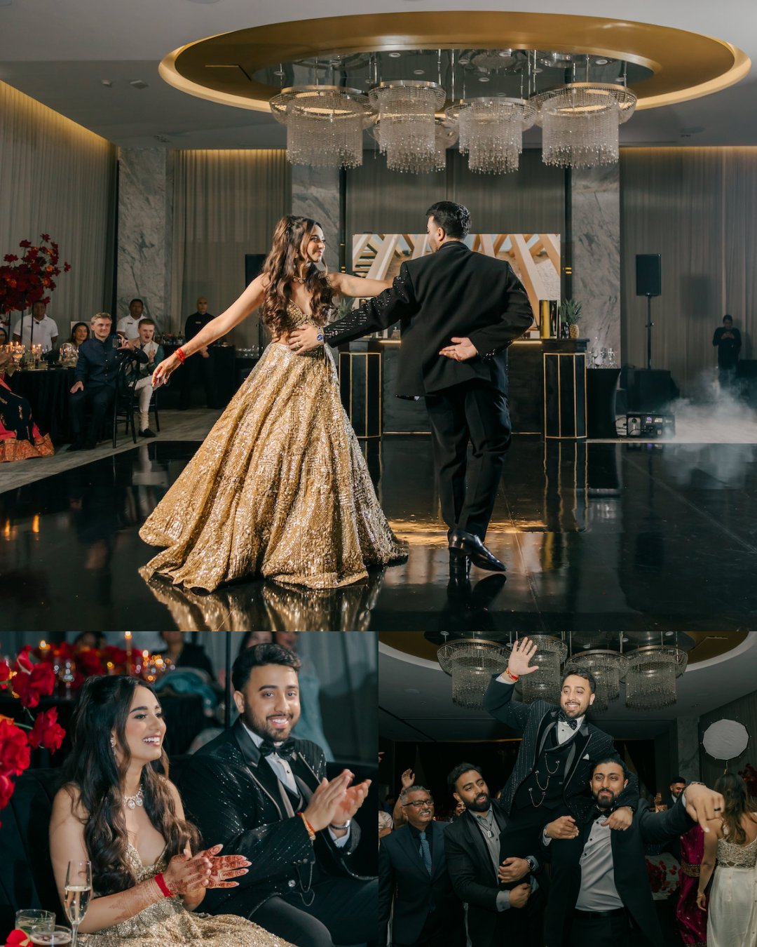A couple performs a dance on a shiny black floor in a formal venue, while guests watch and applaud enthusiastically.