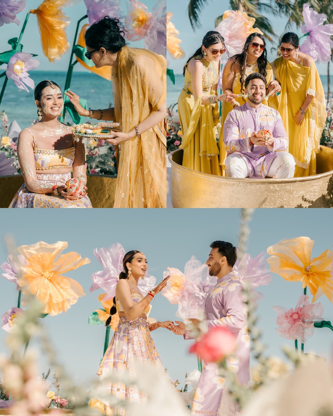 Three photos show people in pastel-colored traditional attire celebrating an outdoor event with large floral decorations under a sunny sky.