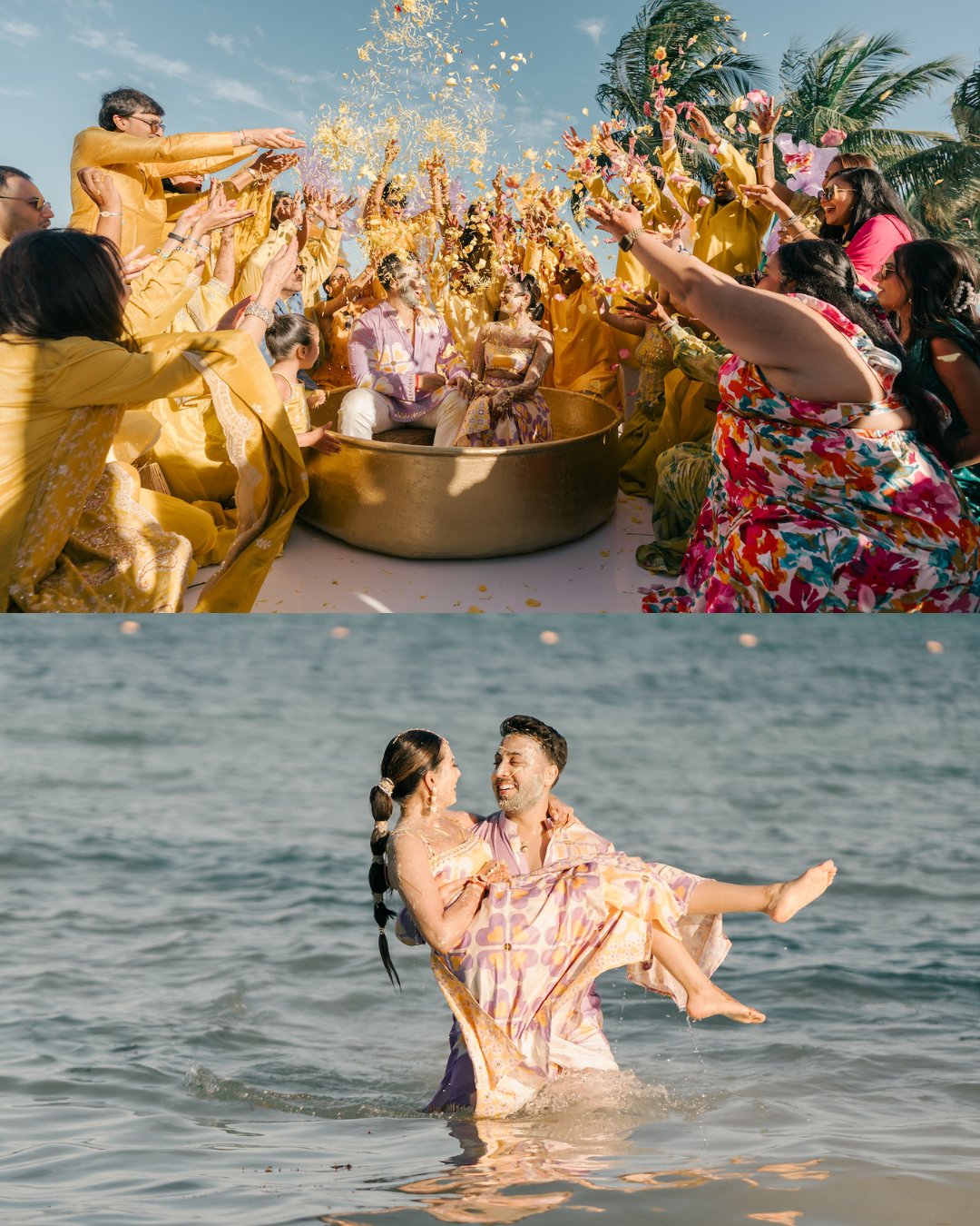 Two photos: Top—group in yellow clothing celebrating with flower petals outdoors; Bottom—a man lifts a woman in patterned clothing while standing in shallow ocean water.