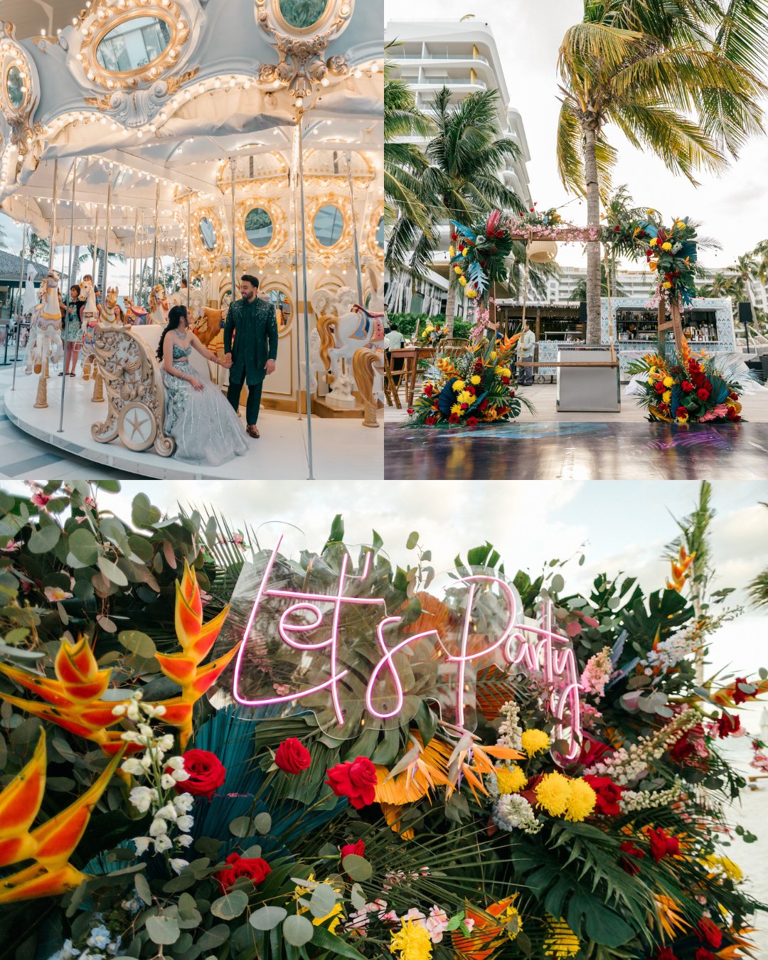 A collage with a couple on a carousel, a tropical outdoor event setup with flowers and palm trees, and a neon sign reading “Let’s Party” surrounded by colorful flowers.