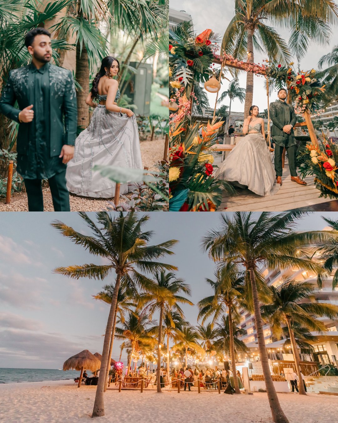 A couple in formal attire poses among lush tropical decor; below, palm trees line a beach with festive lights and decorations.