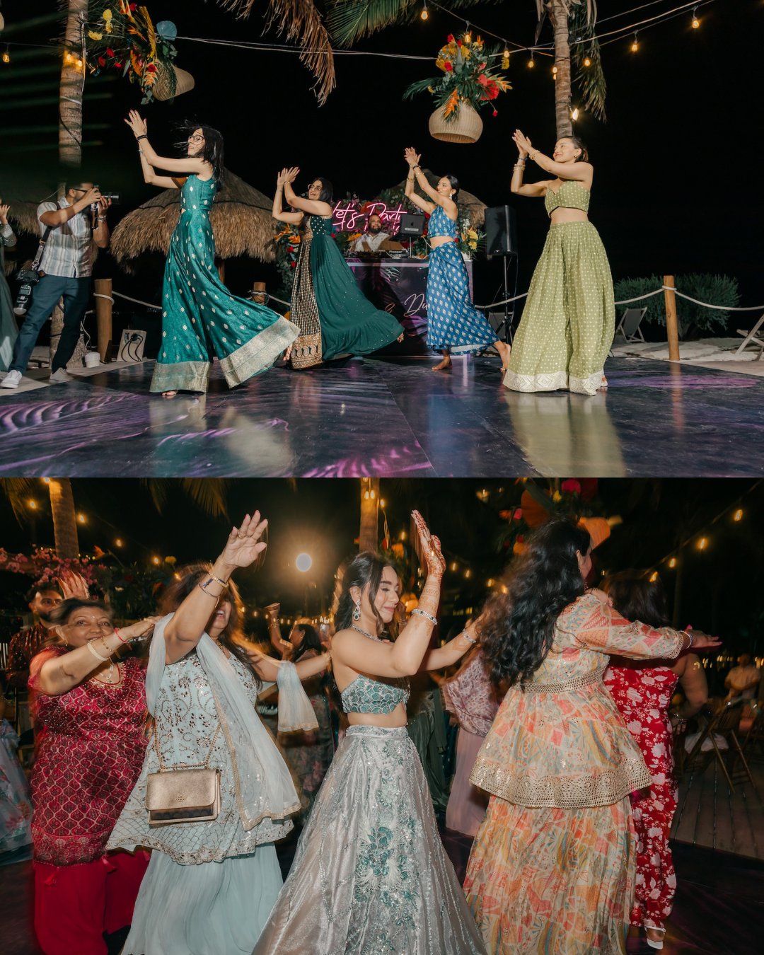 Two photos show groups of women in colorful traditional attire dancing at a nighttime outdoor event decorated with lights and flowers.