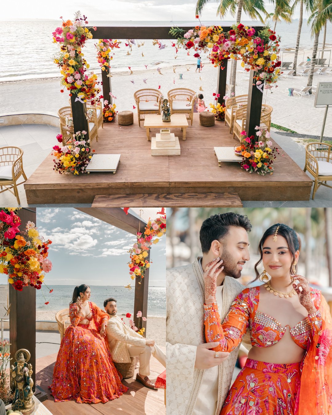 A decorated wedding mandap by the beach with chairs and flowers, and a couple in traditional attire posing for photos near the ocean.