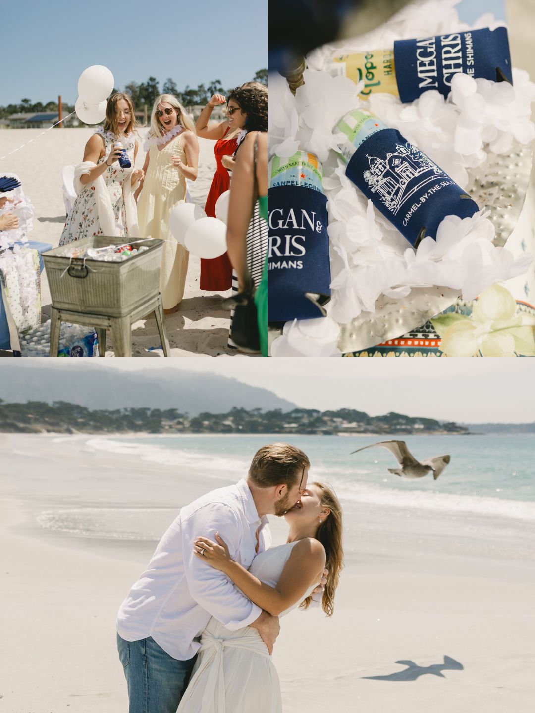 A group celebrates on a beach with drinks, personalized can coolers on ice, and a couple kissing by the shoreline.