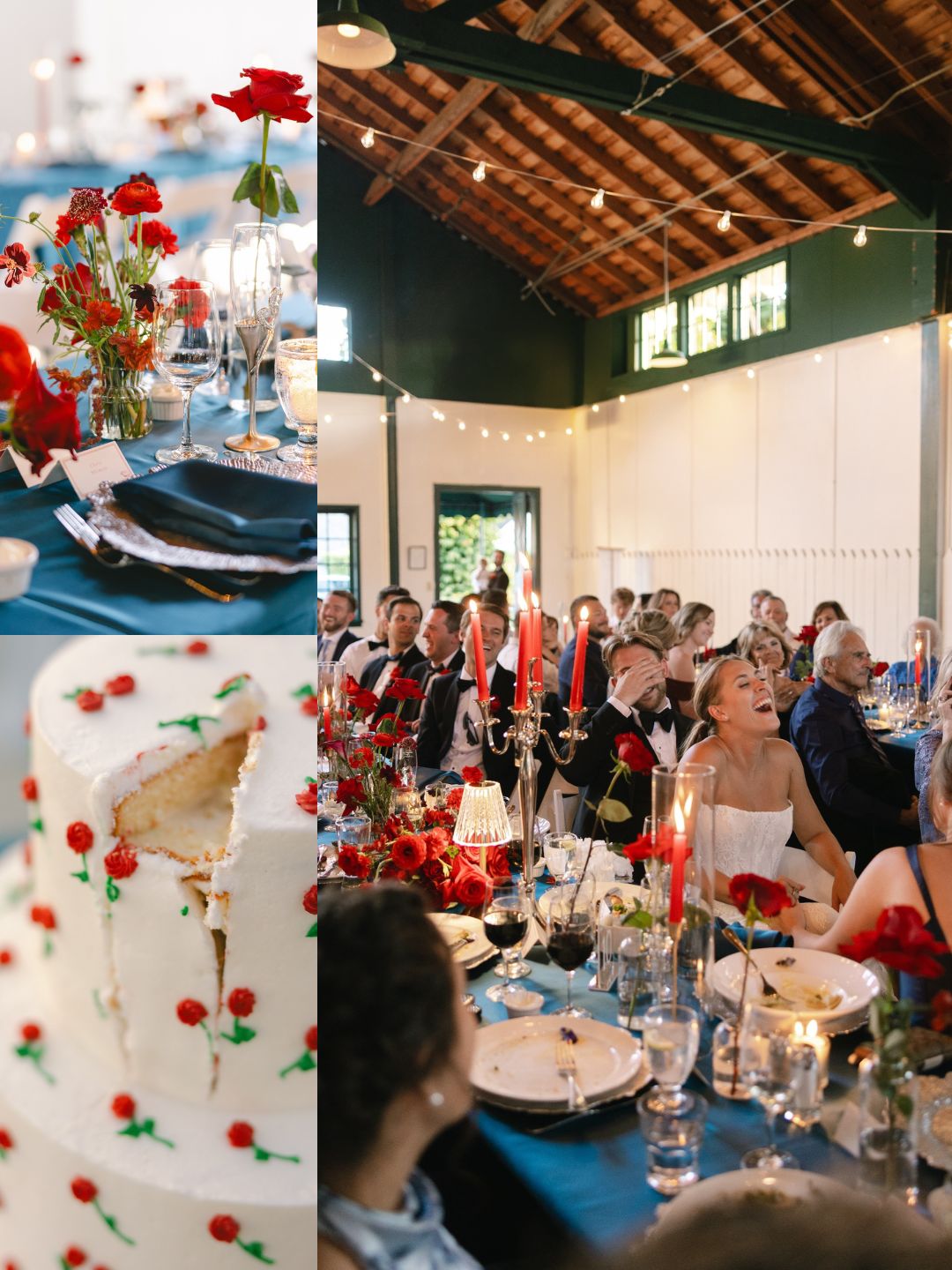 A wedding reception with guests seated at tables decorated with red flowers, and a white cake with red floral accents.