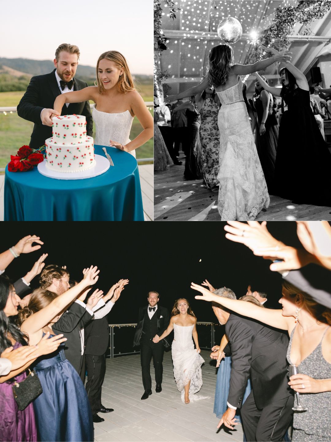 A bride and groom cut a cake, dance together, and walk through a crowd of guests celebrating at an outdoor wedding reception.