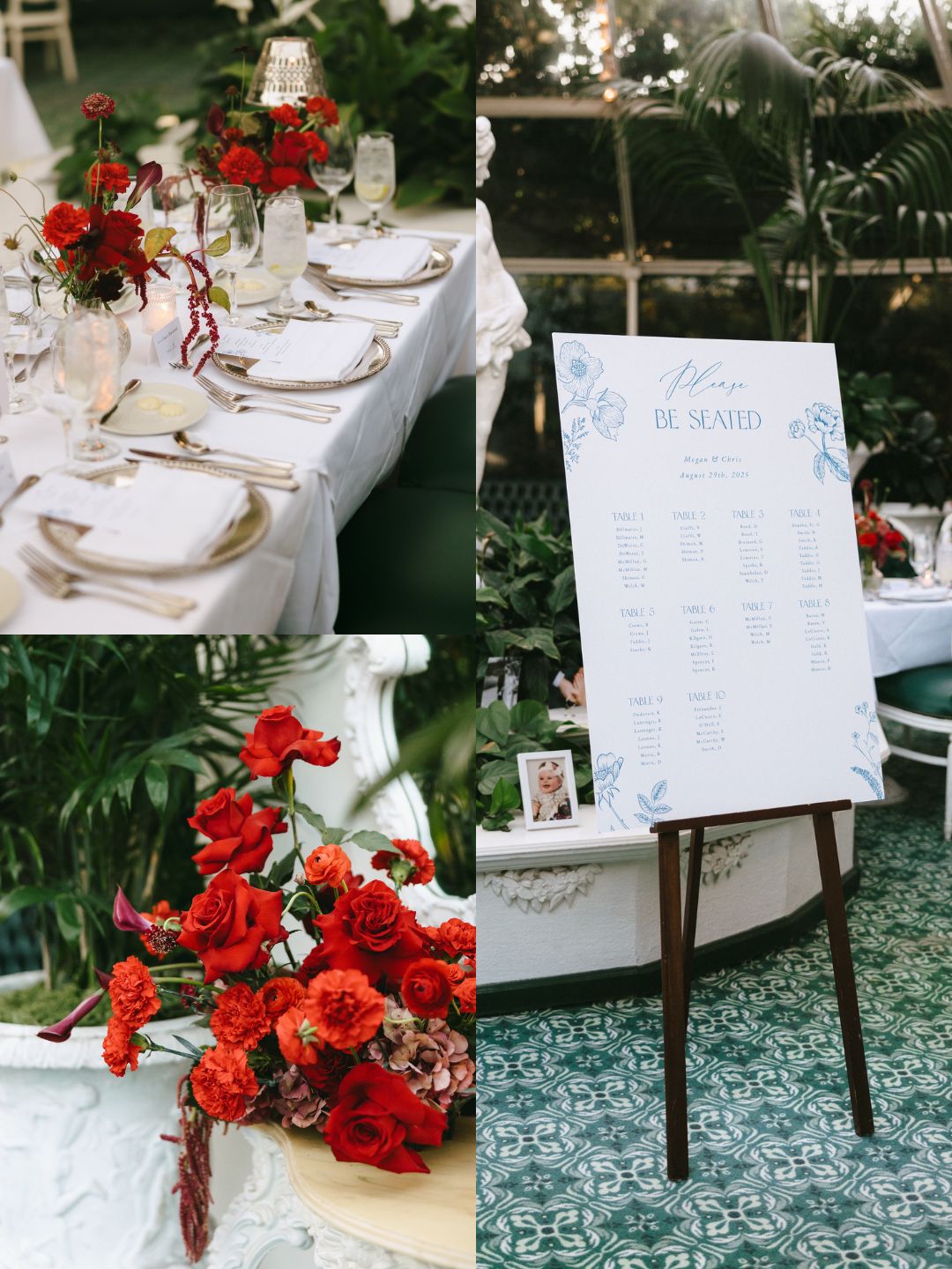 Collage showing a formal table set with white linens and red floral centerpieces, a large printed seating chart on an easel, and a close-up of red flower arrangements.
