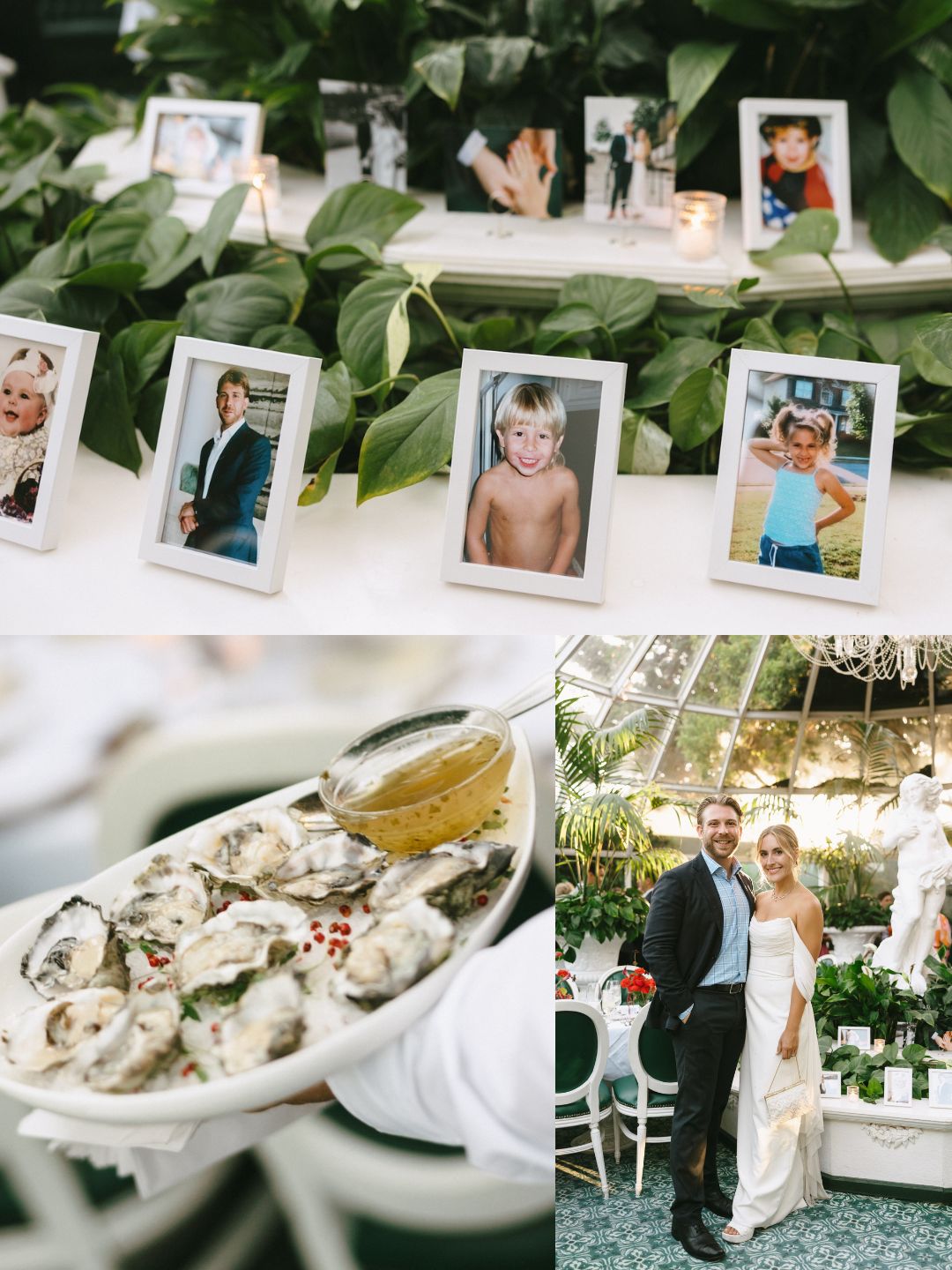 Framed childhood photos on a table, a plate of oysters with lemon, and a couple posing together at an indoor event with greenery.