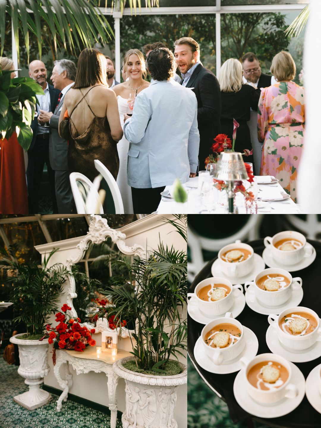 A group of people socializing at an indoor event, a decorative table with greenery and red flowers, and a tray of coffee cups with cream on top.