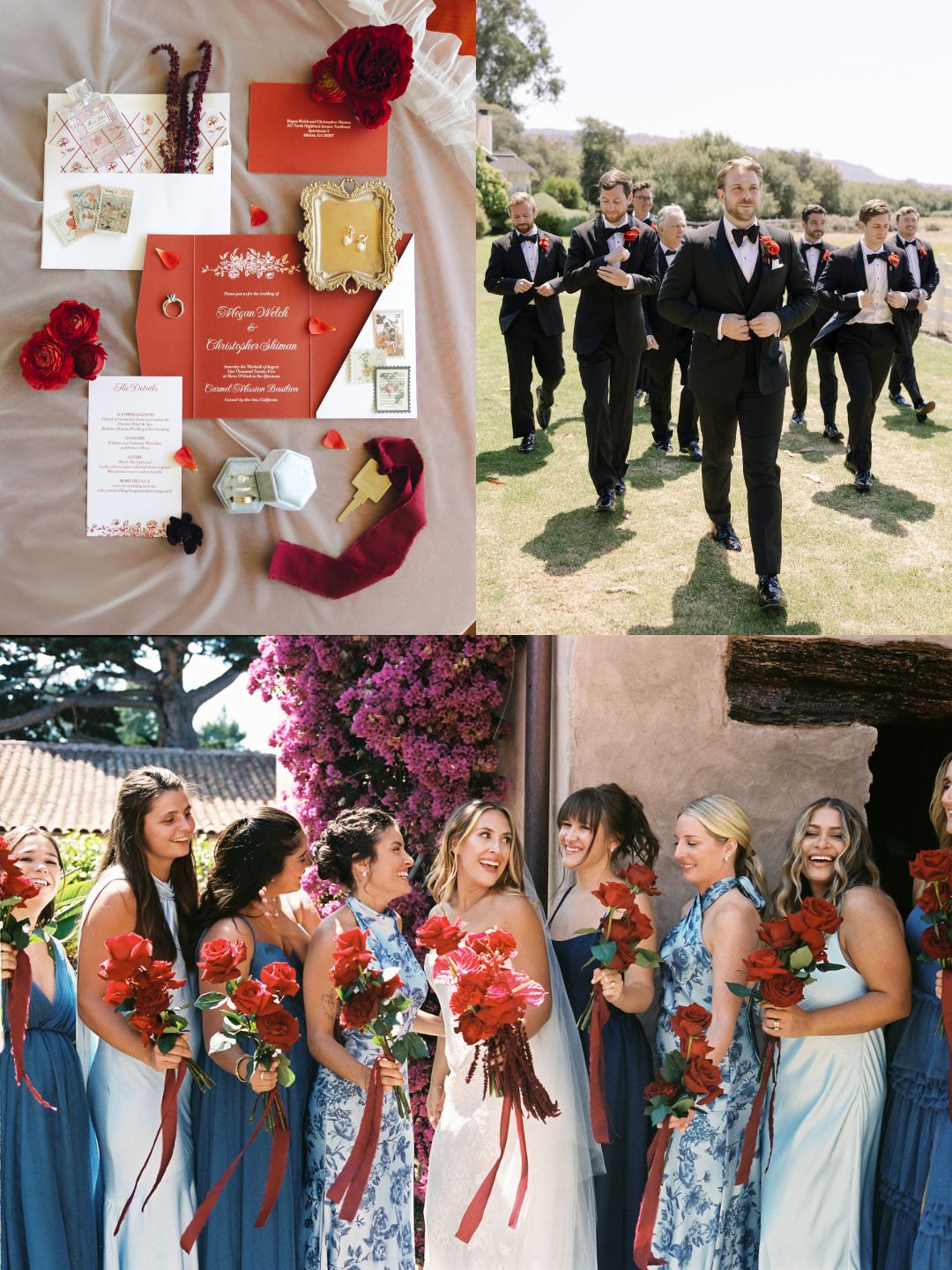 A flat lay of red and white wedding invitations, a group of groomsmen walking outside, and bridesmaids in blue dresses holding red bouquets with the bride.