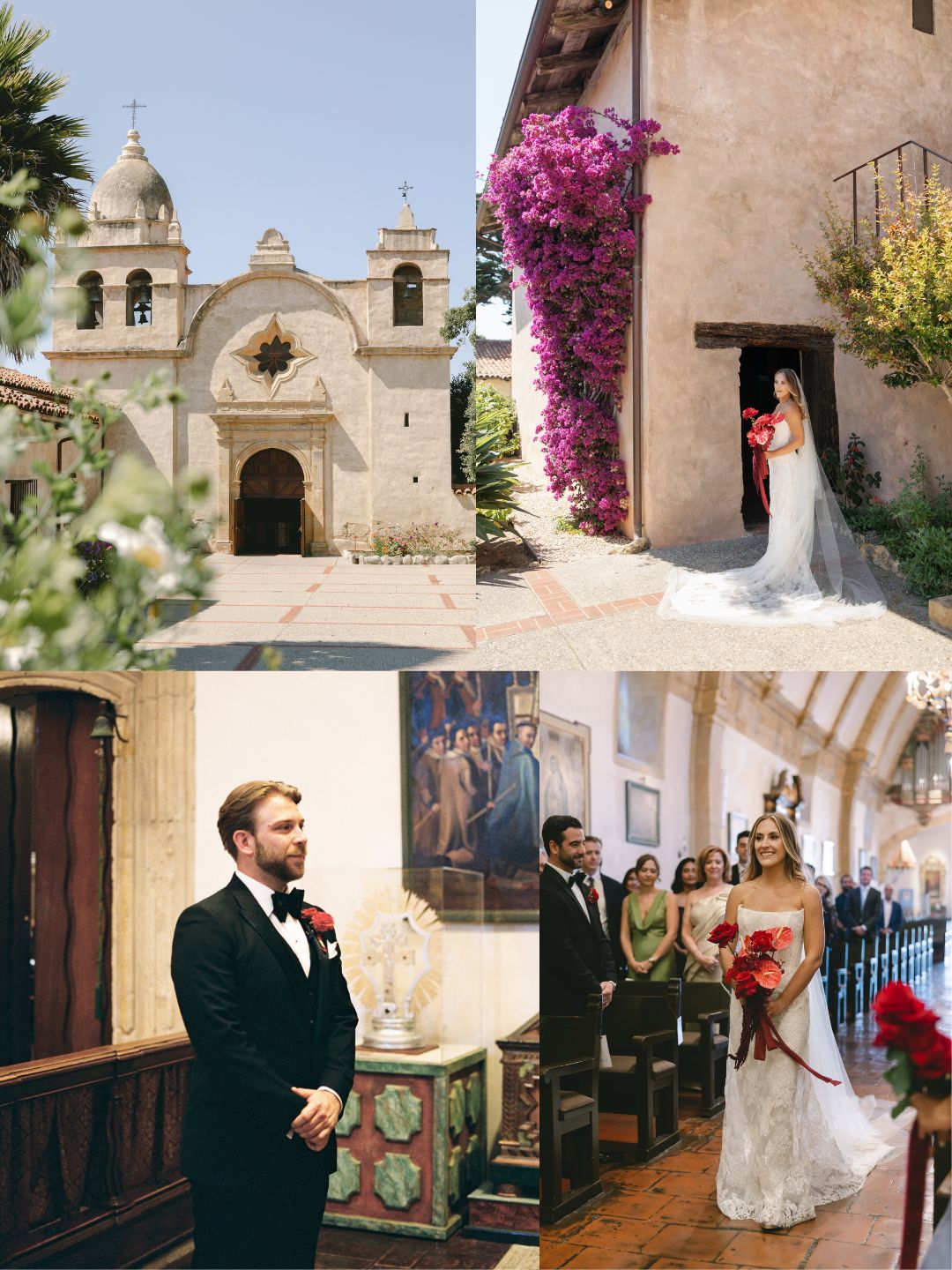 A collage of wedding scenes features a historic church, a bride in a white gown with red flowers, a groom in a tuxedo, and the bride walking down the aisle.