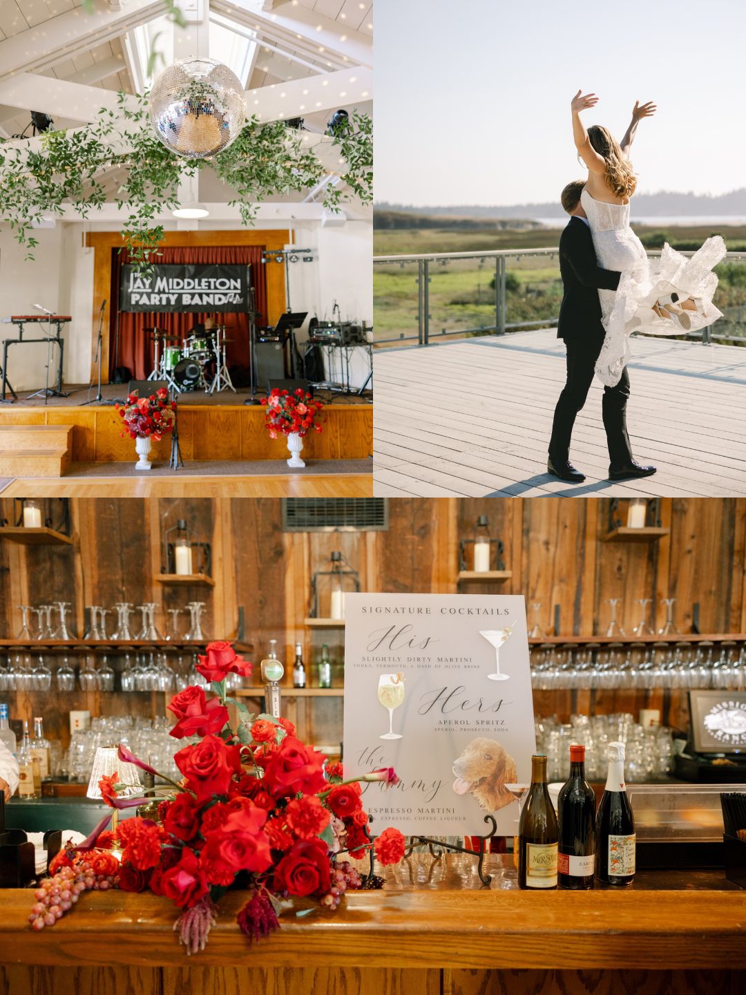 A collage showing a decorated wedding venue, a couple dancing outdoors, and a bar setup with flowers, wine bottles, and a welcome sign.