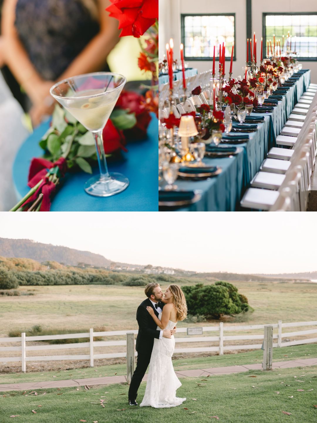 A martini glass and red roses, a formal table setting with candles, and a bride and groom embracing outdoors near a fence.