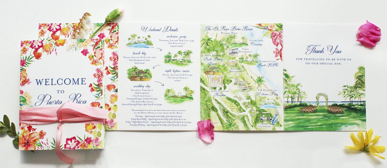 A floral-themed wedding invitation suite with a pink ribbon, illustrated maps, and event details displayed side by side on a white surface with scattered flowers.
