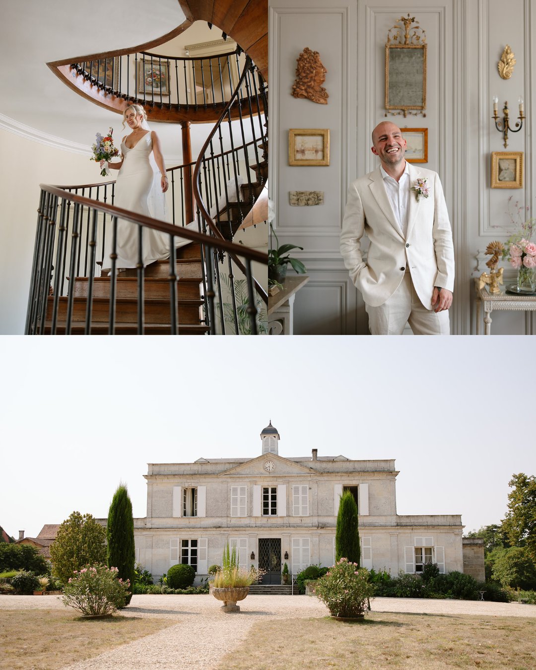 A bride descends a spiral staircase, a groom poses indoors, and a white mansion is shown with bushes and trees in front.