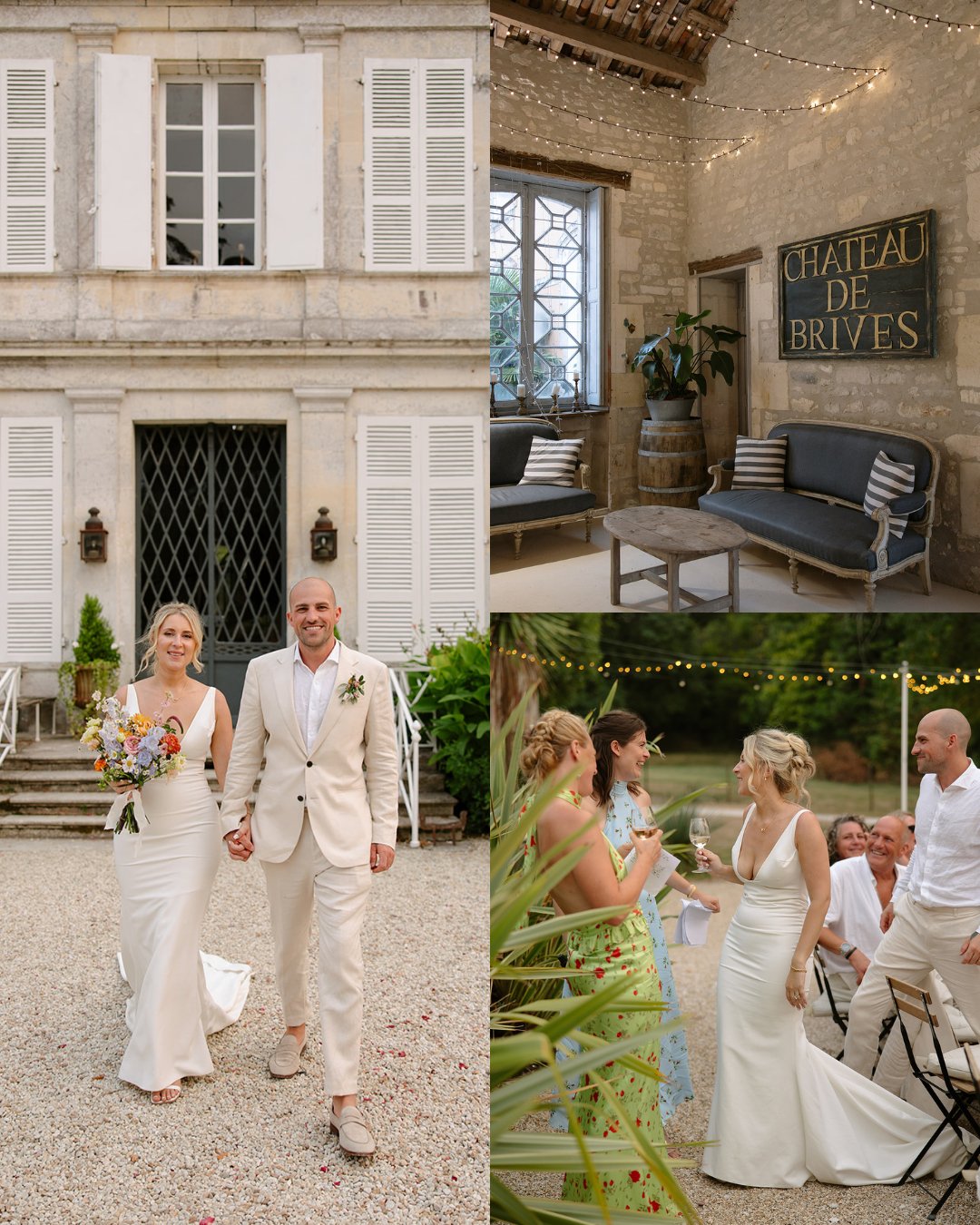 A bride and groom in white attire stand outside a chateau; interiors show rustic decor and guests mingling at a wedding reception.