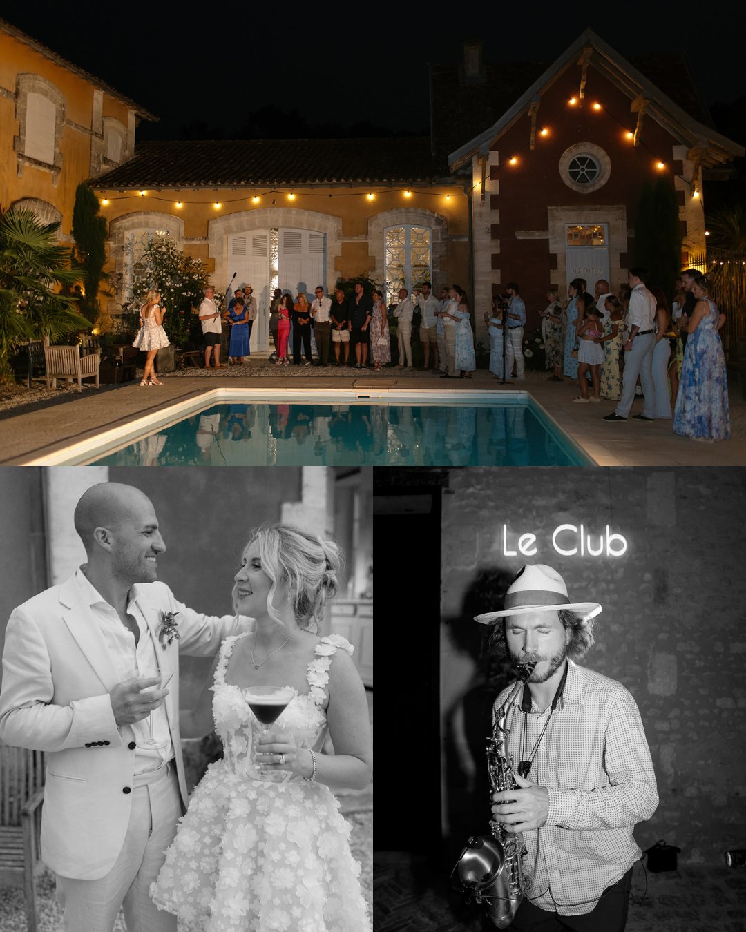 A group gathers by a lit pool at night; below, a couple poses with drinks, and a musician plays saxophone under a "Le Club" sign.