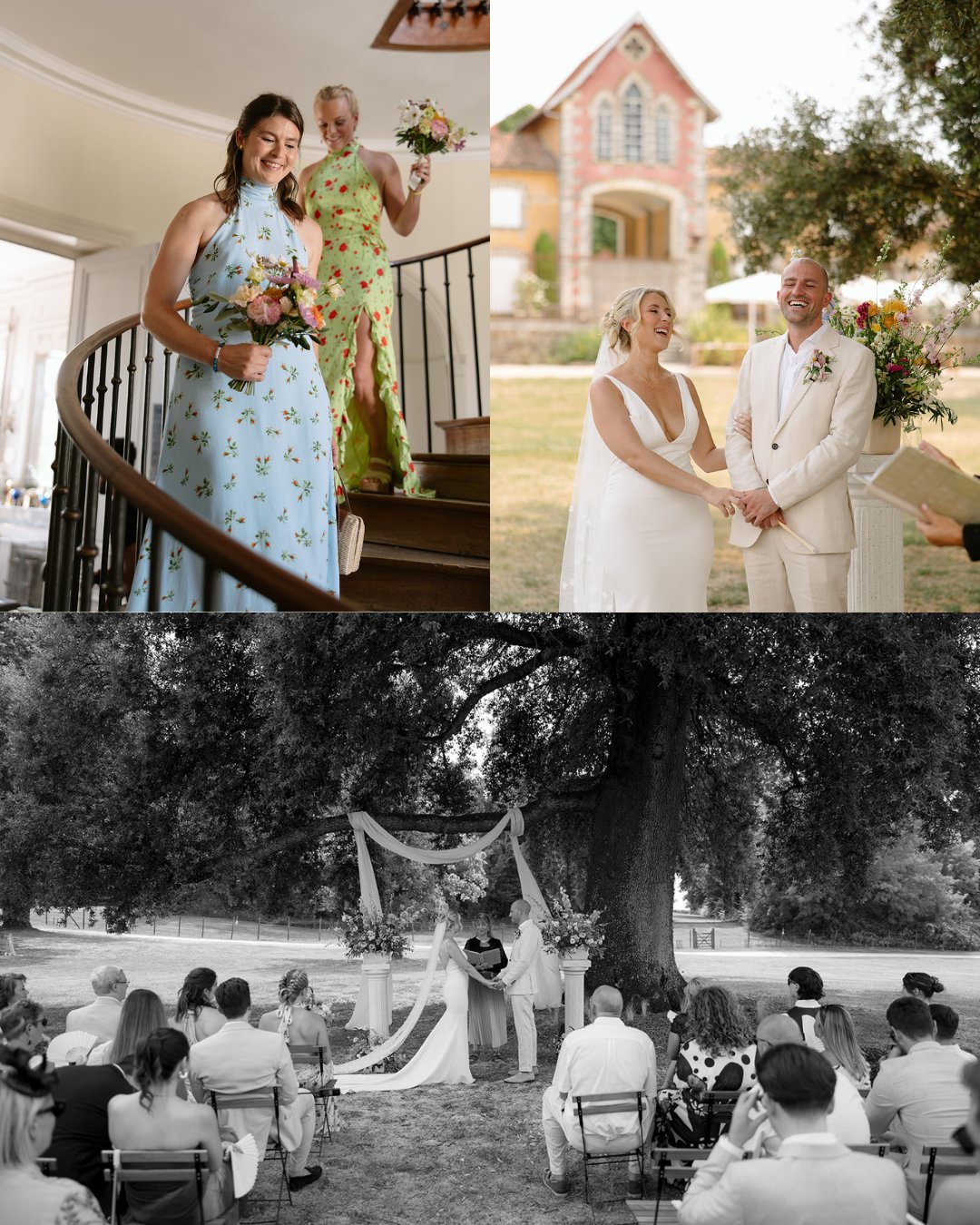 A collage of three wedding photos: bridesmaids on a staircase, a couple at an outdoor altar, and guests seated at the ceremony under a large tree.