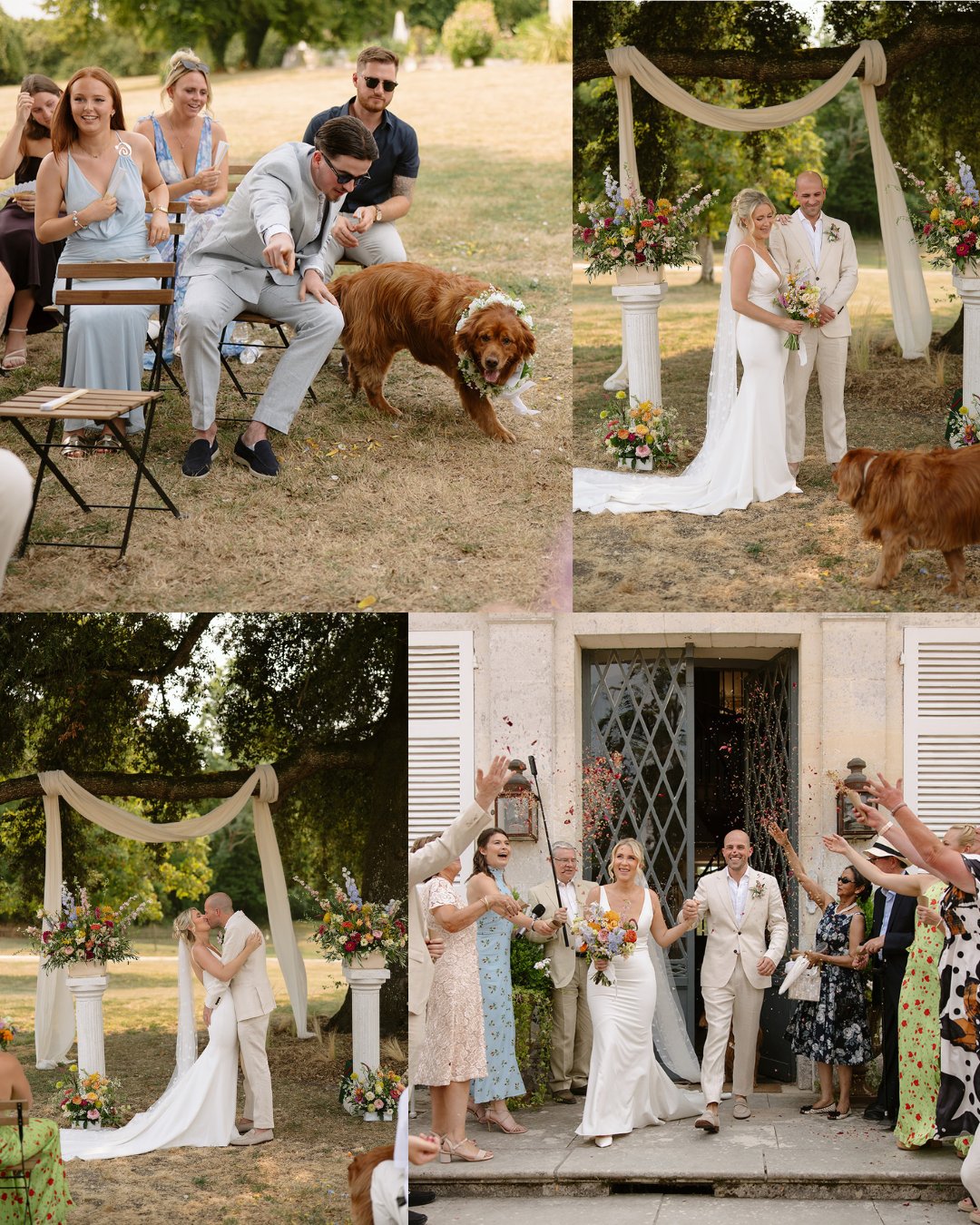Collage of outdoor wedding scenes: a couple exchanges vows, kisses, exits a building, and interacts with guests and a dog, with floral decorations and greenery in the background.