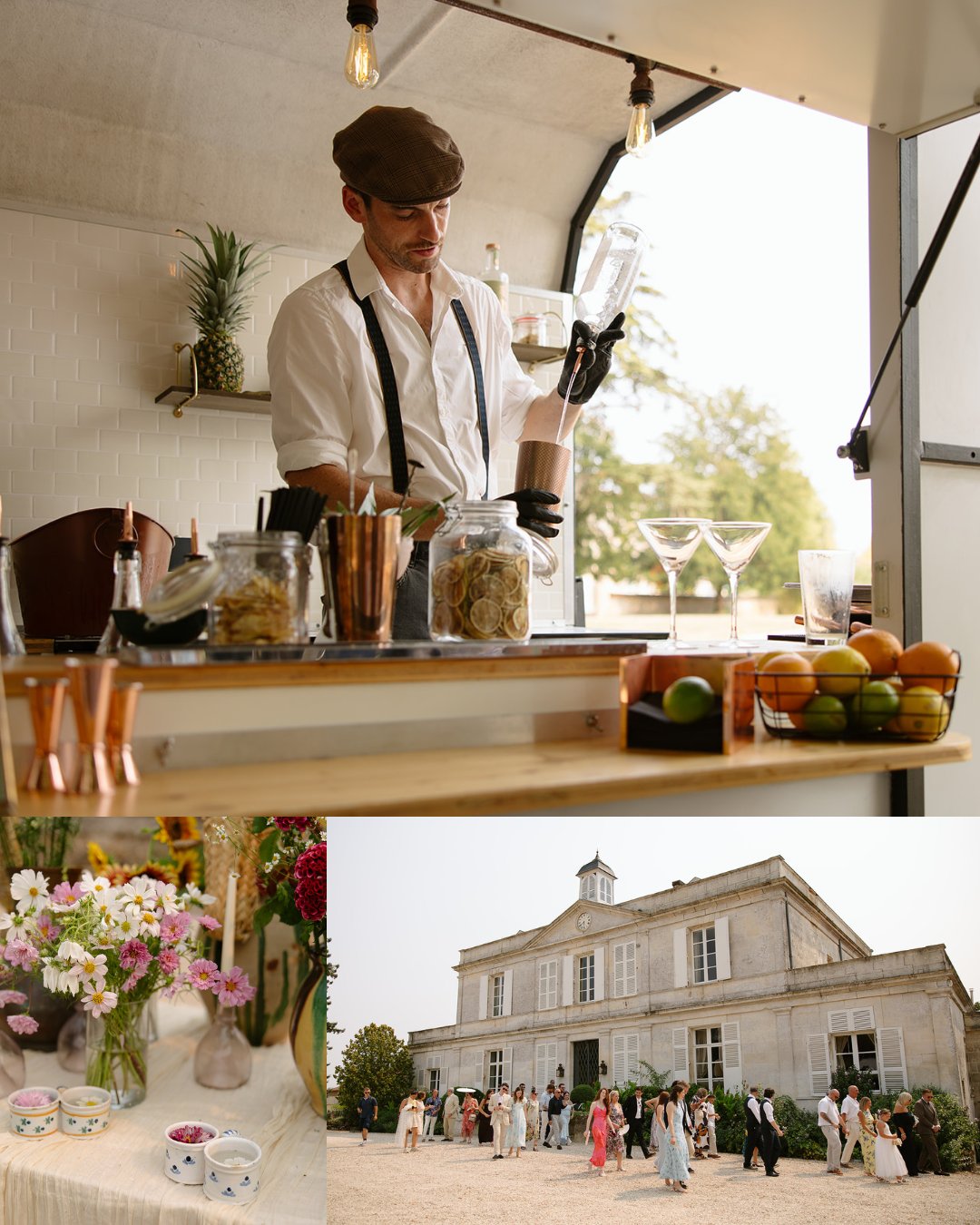 A bartender prepares drinks at an outdoor event; below, a table with flowers and an elegant building with guests gathered outside.