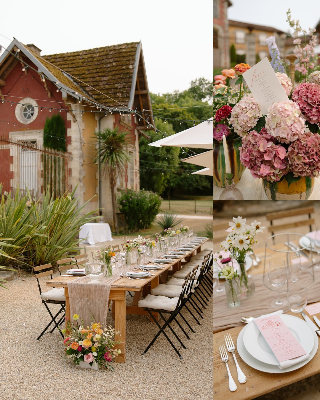Outdoor wedding table set with glassware, plates, and floral centerpieces beside a rustic house; close-up shows pink and white flowers and a pink napkin on a plate.