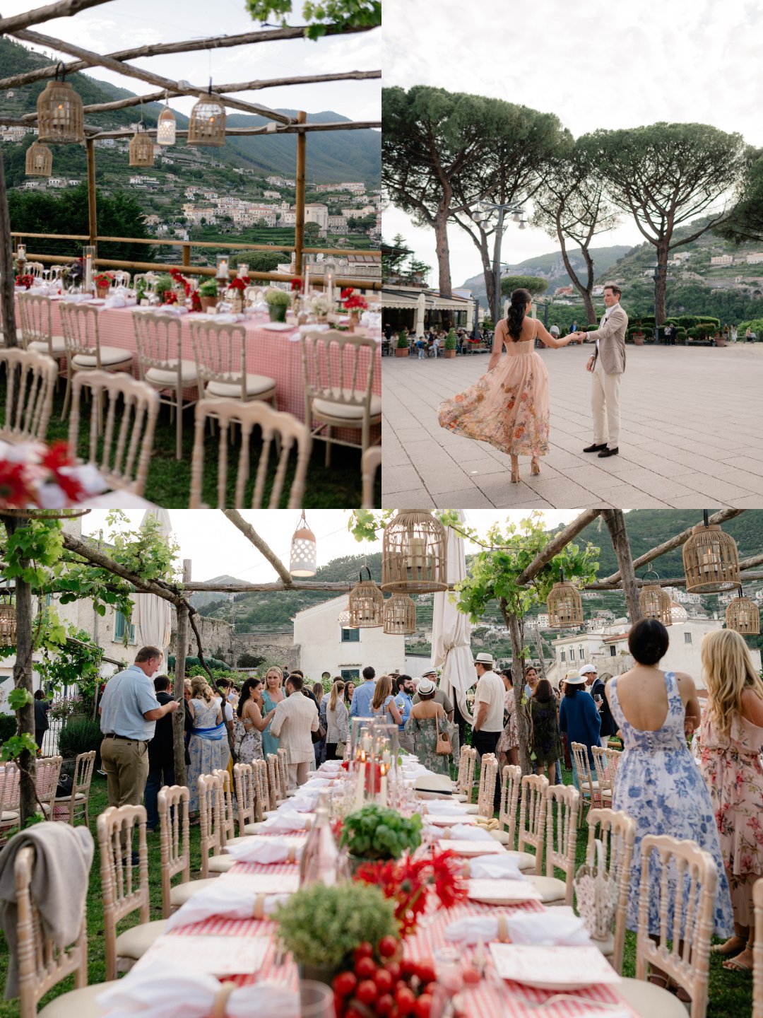 Collage of outdoor wedding scenes: long tables with red and white decor, guests gathered, and a couple dancing in an open area surrounded by trees and hills.