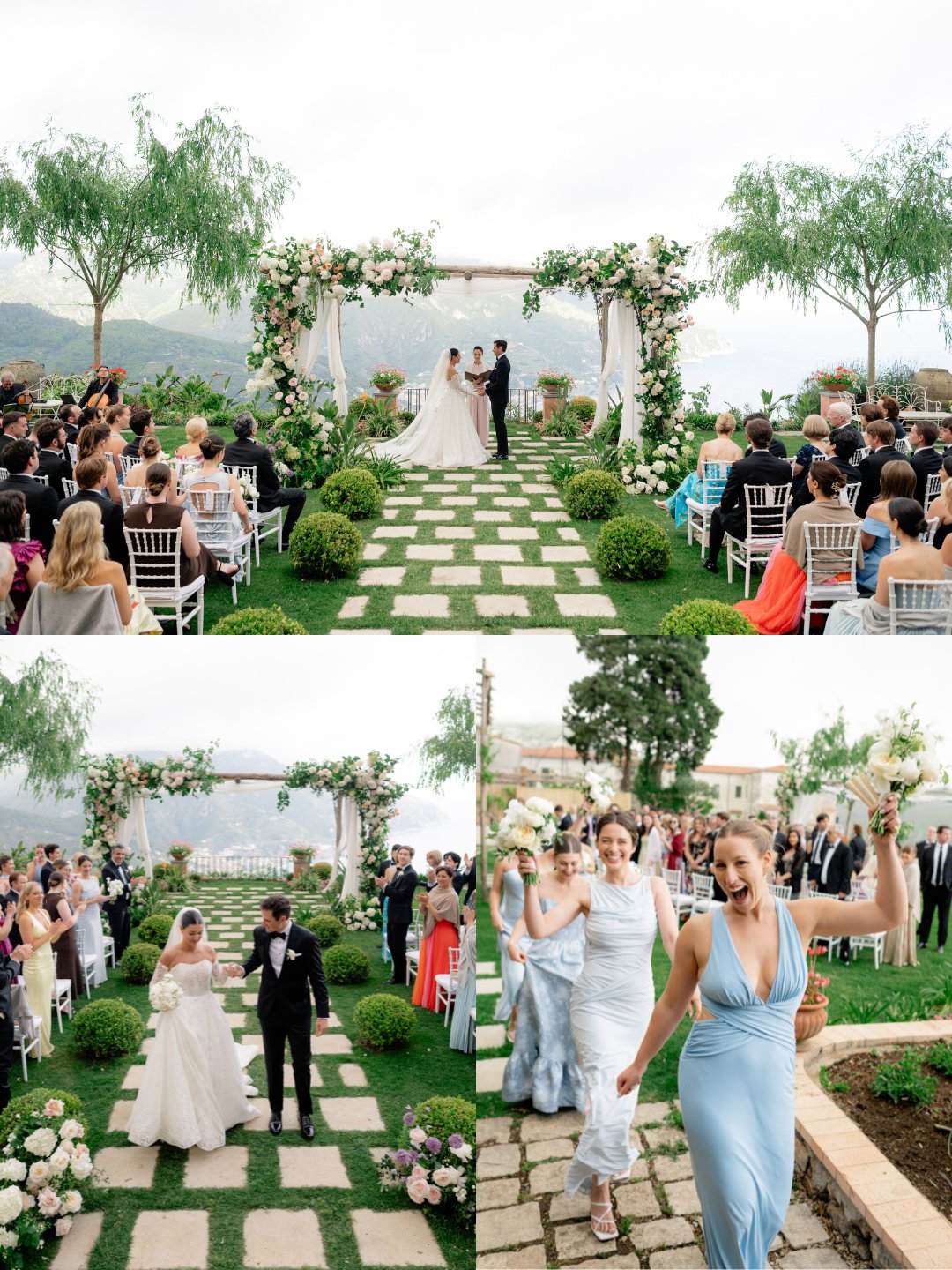 A wedding ceremony outdoors; the bride and groom exchange vows, walk down the aisle, and guests celebrate, surrounded by greenery and floral decorations.