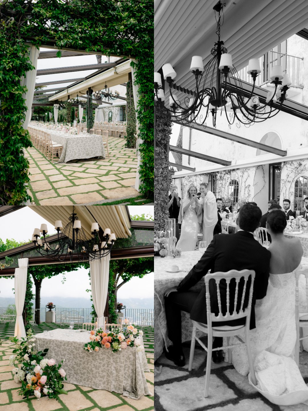 A collage shows an outdoor wedding setup with floral decorations, chandeliers, and a couple seated together at their reception.
