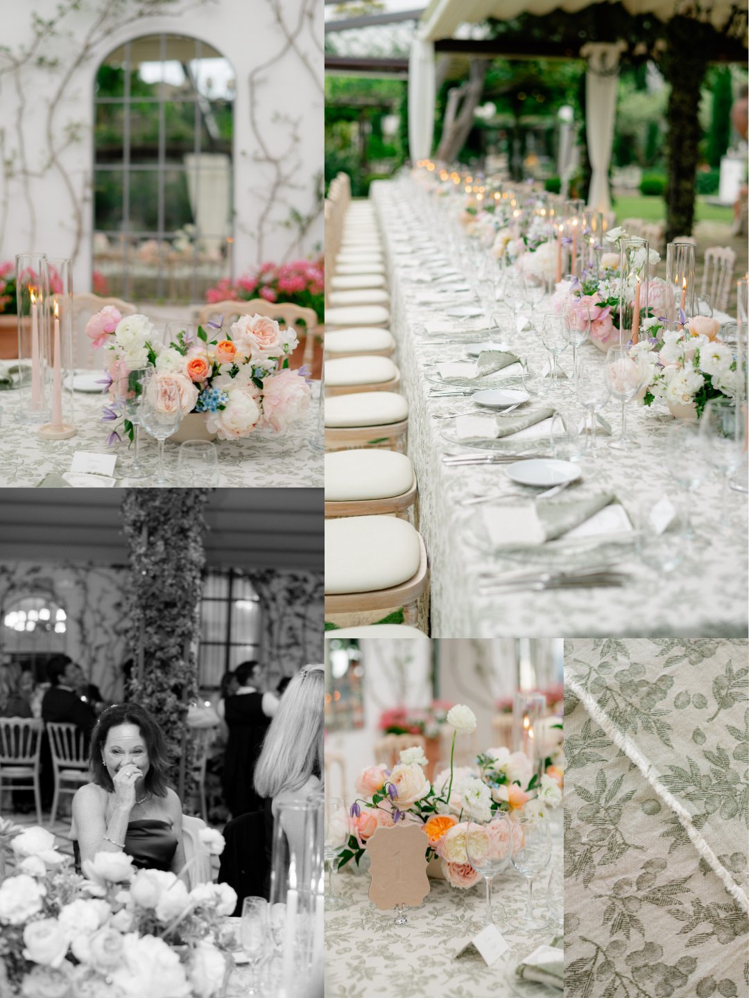 Collage of an elegant outdoor wedding reception with a long floral table setup, candles, flower arrangements, and guests seated at decorated tables.