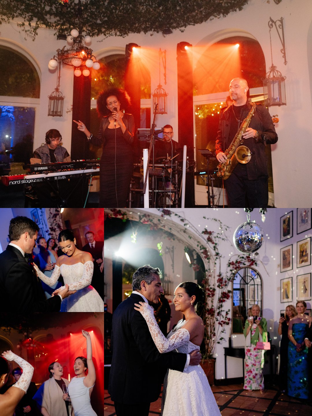 A band performs on stage above, while below, a bride and groom share their first dance with guests watching at a wedding reception indoors.