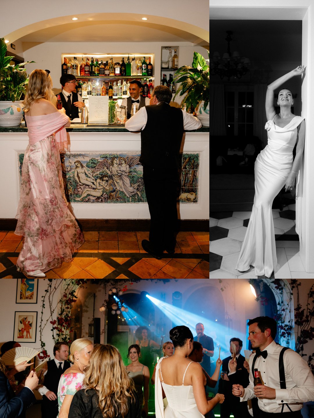 Collage of three images: two women and two bartenders at a bar, a woman in a gown posing in a doorway, and a group dancing at an indoor event with party lights.