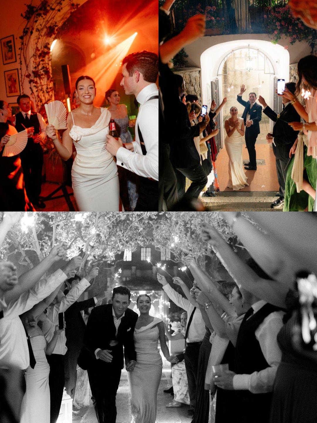 A bride and groom celebrate their wedding, greeted by guests in formal attire, walking through arches and under raised arms in a festive indoor setting.