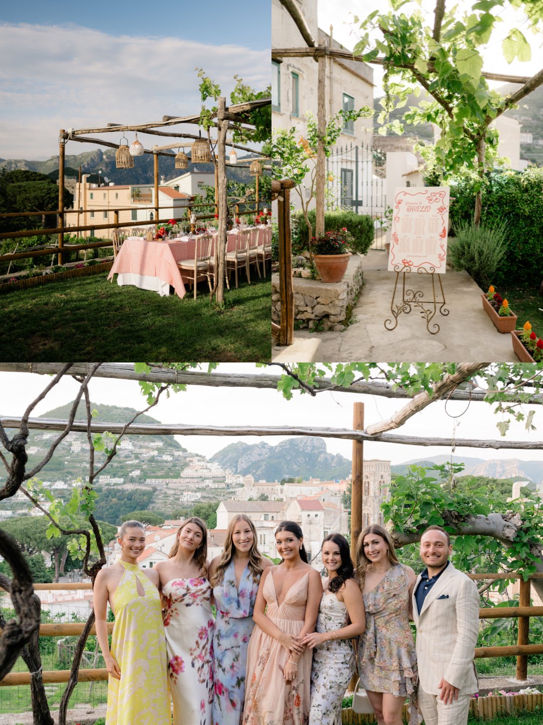 Outdoor garden event with a set dining table, decorative easel, and a group of six people posing in formal attire with a scenic hillside backdrop.