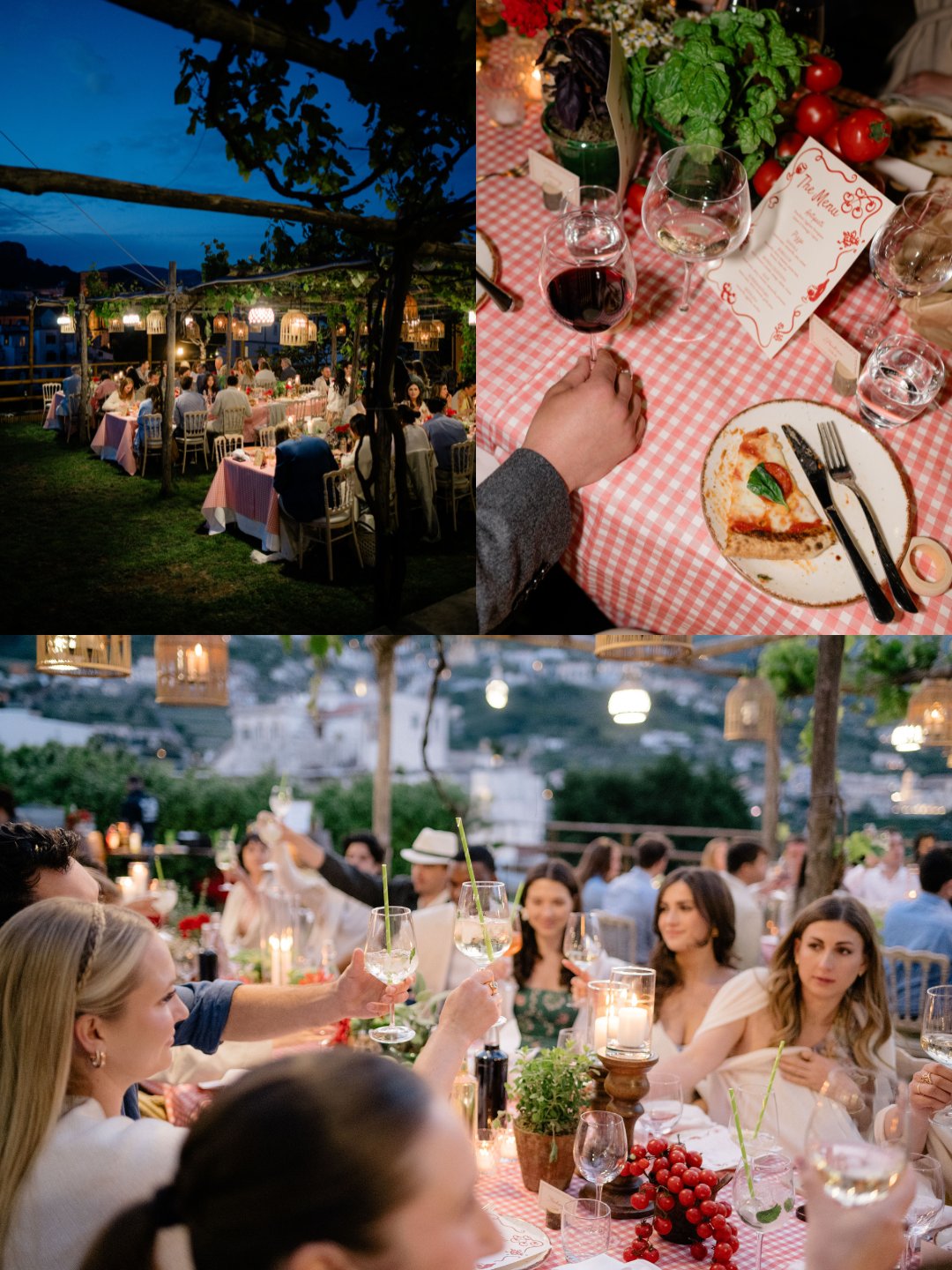 Outdoor dinner party with guests seated at tables under string lights, food and drinks on checkered tablecloths, and a scenic evening backdrop.