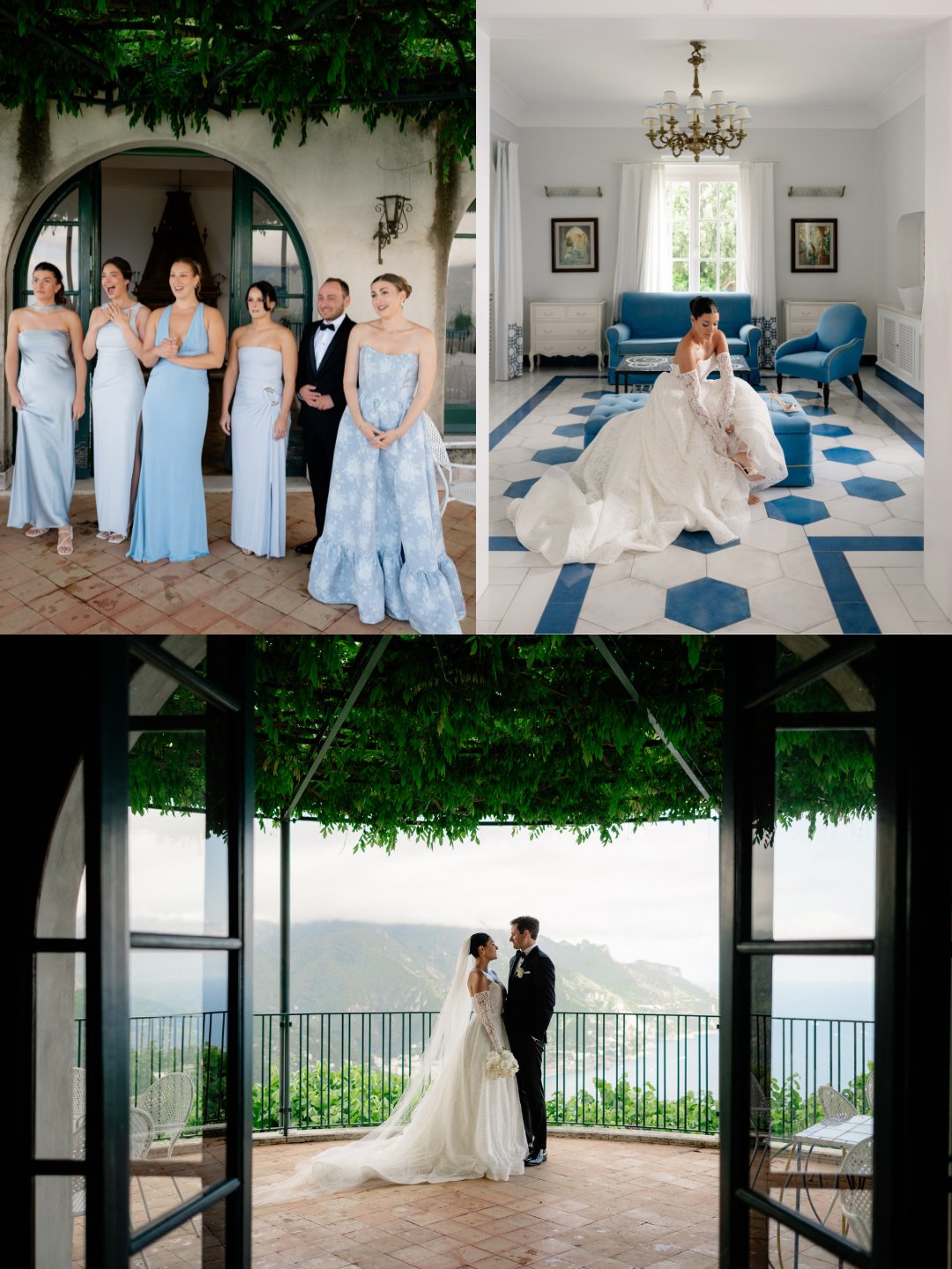 Three photos: bridesmaids and groomsman pose in pastel attire, bride sits in a blue-accented room, and bride and groom stand together on a terrace overlooking the sea.