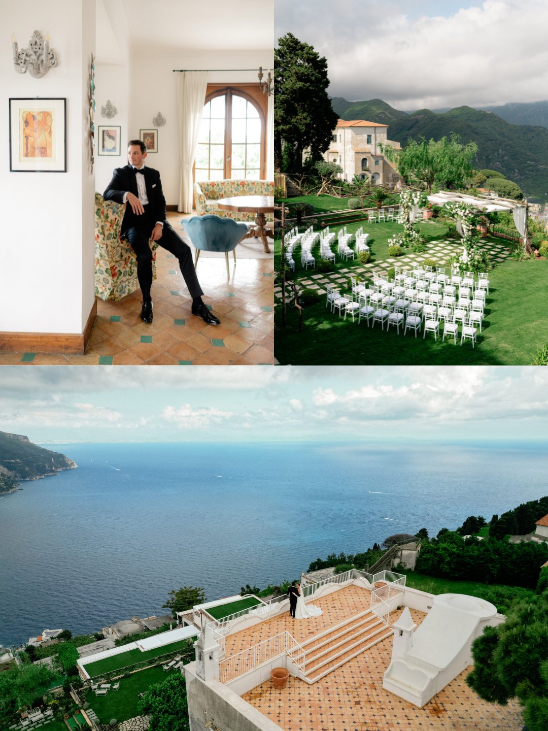 A man in formal attire stands indoors and outdoors at a coastal villa with a garden wedding setup and views of the sea and surrounding landscape.