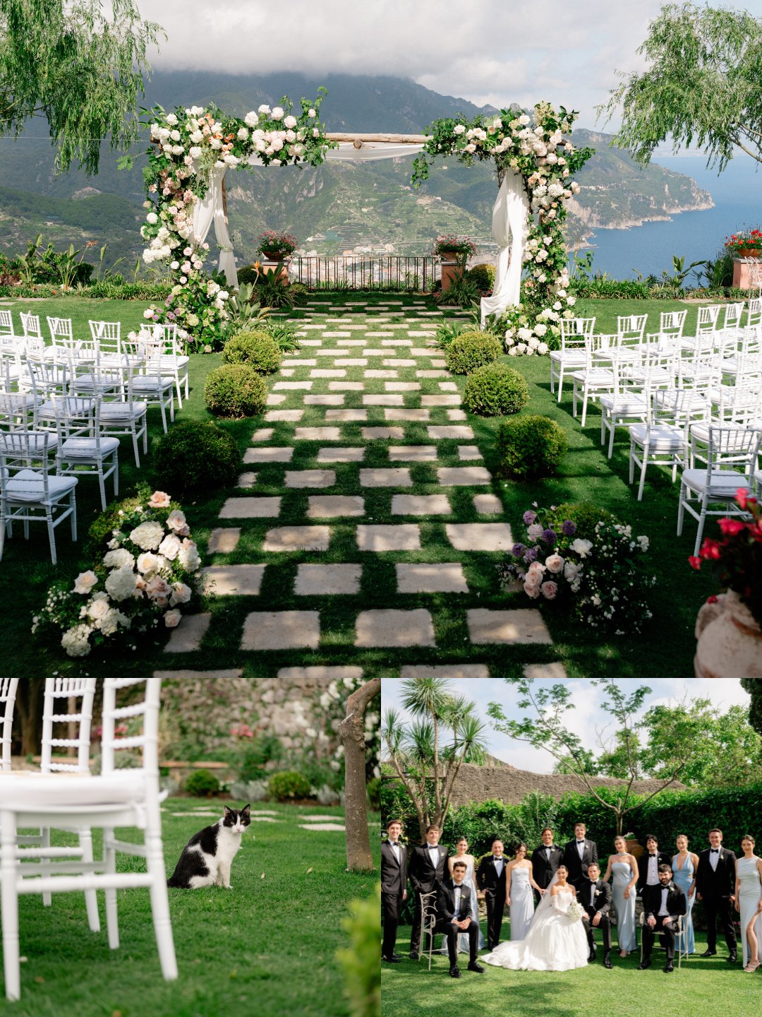 An outdoor wedding setup with rows of white chairs, a flower-decorated arch, and a stone pathway, with a group photo and a dog on the grass in the lower part of the image.