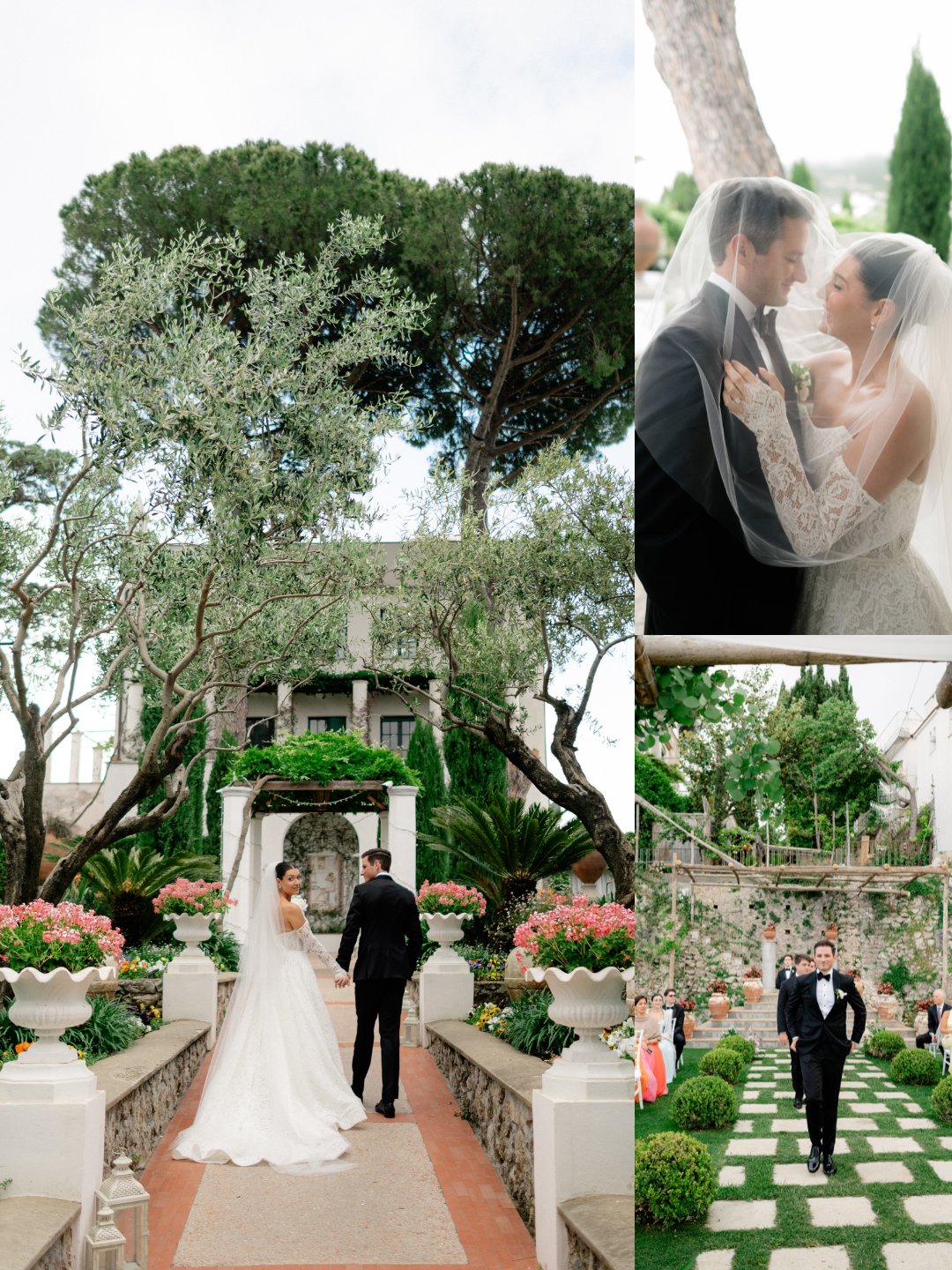 A bride and groom walk through a garden venue; the groom lifts the bride’s veil; the groom walks alone along a stone path surrounded by greenery and flowers.