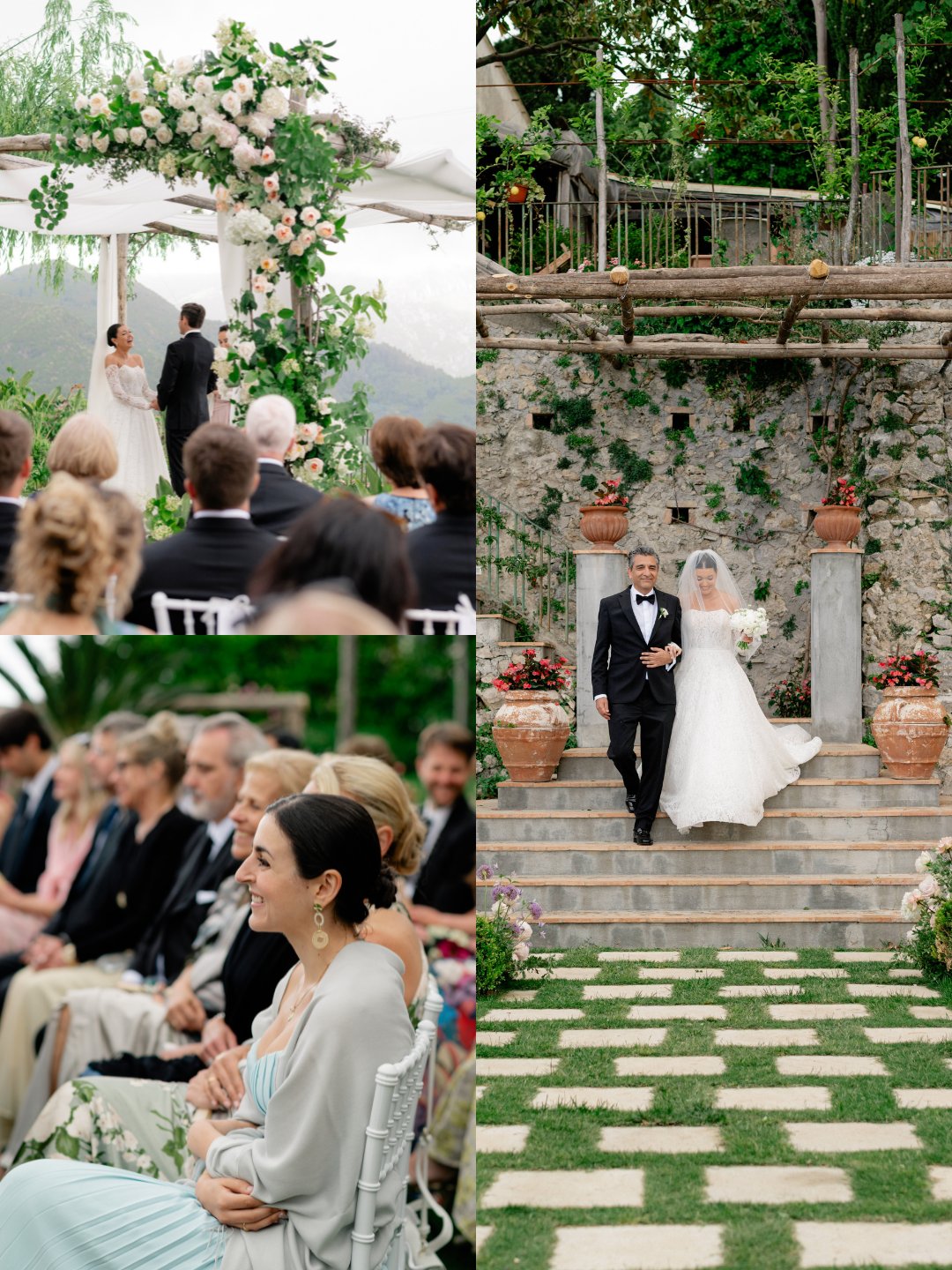 A bride and groom stand under a floral arch during an outdoor wedding ceremony, with guests seated and watching; another photo shows the couple walking down stone steps.