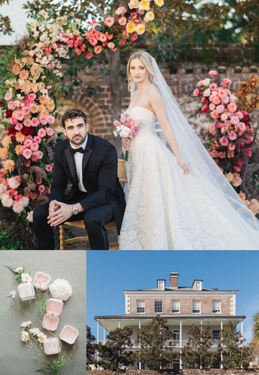 A bride in a white gown and veil stands beside a seated groom in a tuxedo under a floral arch; below are wedding rings in boxes and a large historic house.