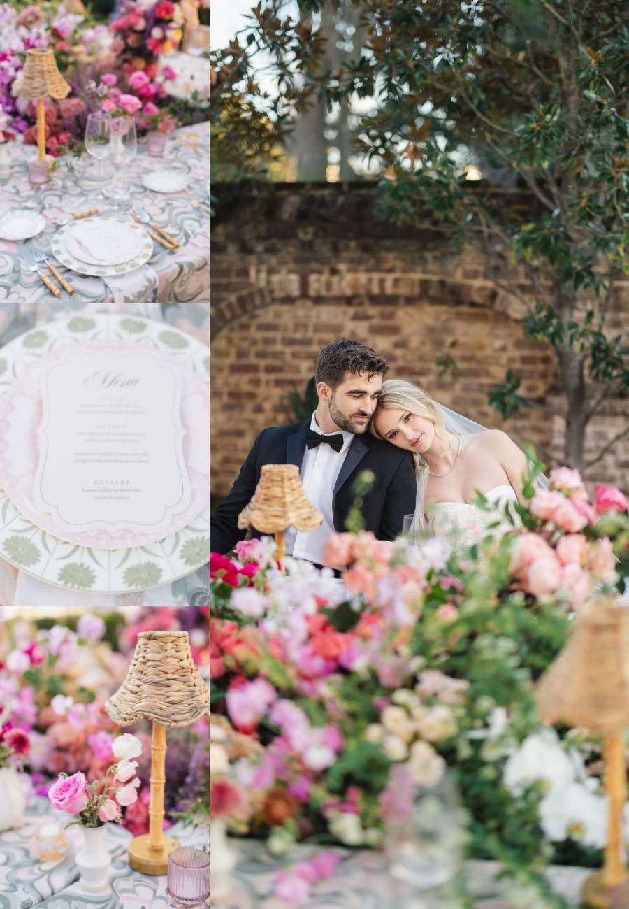 A bride and groom sit at a table decorated with colorful flowers and wicker lamps; inset shows table settings, menu, and floral details.