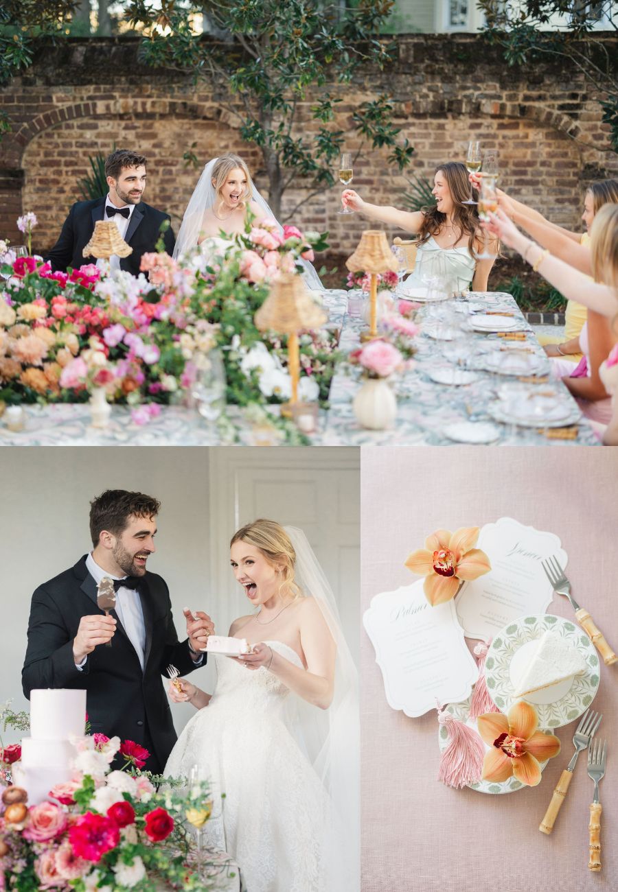 A bride and groom celebrate with guests at a flower-filled outdoor table; below, they react excitedly and a close-up shows place settings and wedding details. 