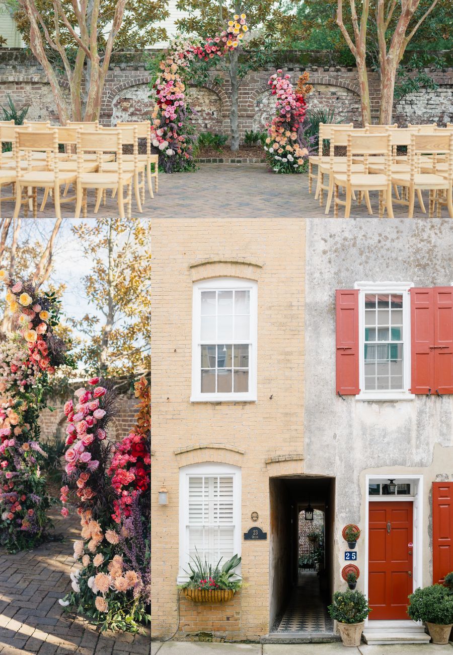 A collage showing an outdoor wedding setup with chairs and floral arch, and two adjacent houses with different colored doors and window shutters.