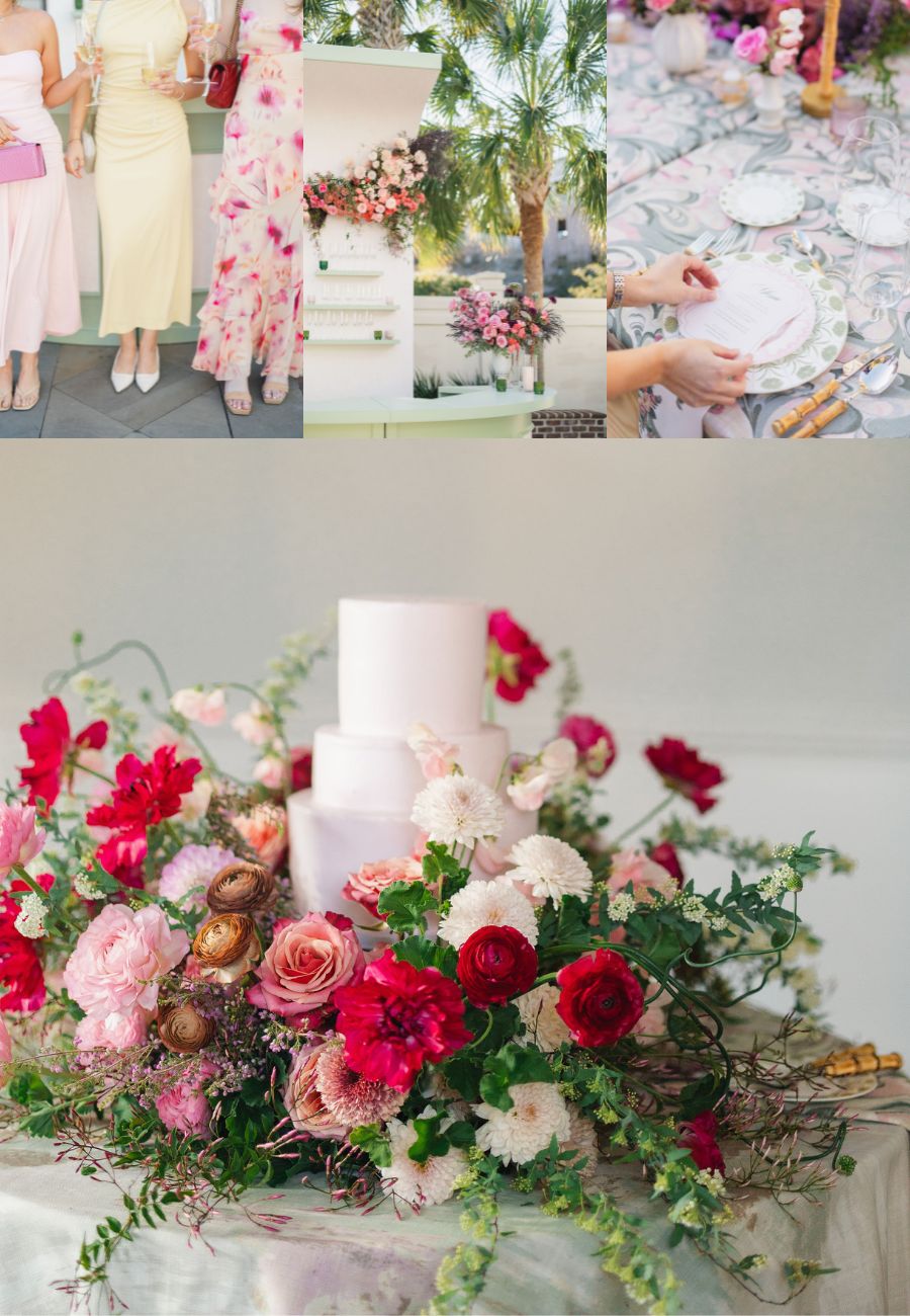 A white wedding cake surrounded by red, pink, and white flowers, with images of table settings, flower arrangements, and people in dresses above it.