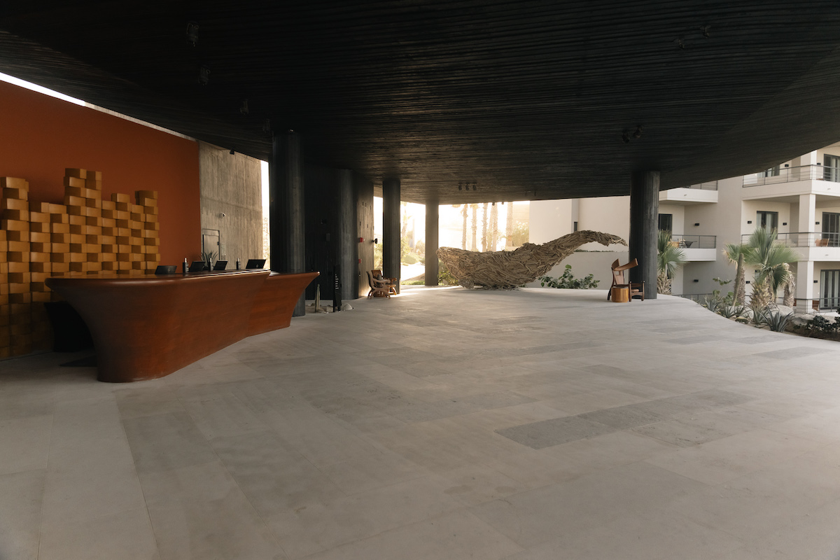 Spacious open lobby area with a curved wooden reception desk, sculptural wall art, and natural light coming from the right side.
