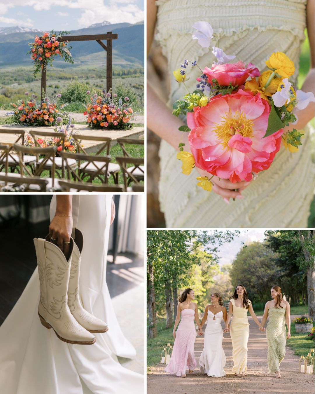 A wedding ceremony setup outdoors, a woman holding a colorful bouquet, a bride in white cowboy boots, and four women in pastel dresses walking together.