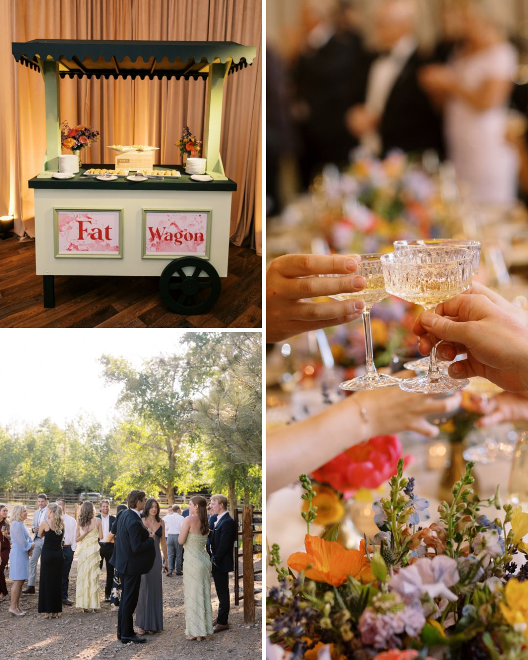 A collage shows a dessert cart, people toasting with drinks at a decorated table, and guests socializing outdoors at a formal event.